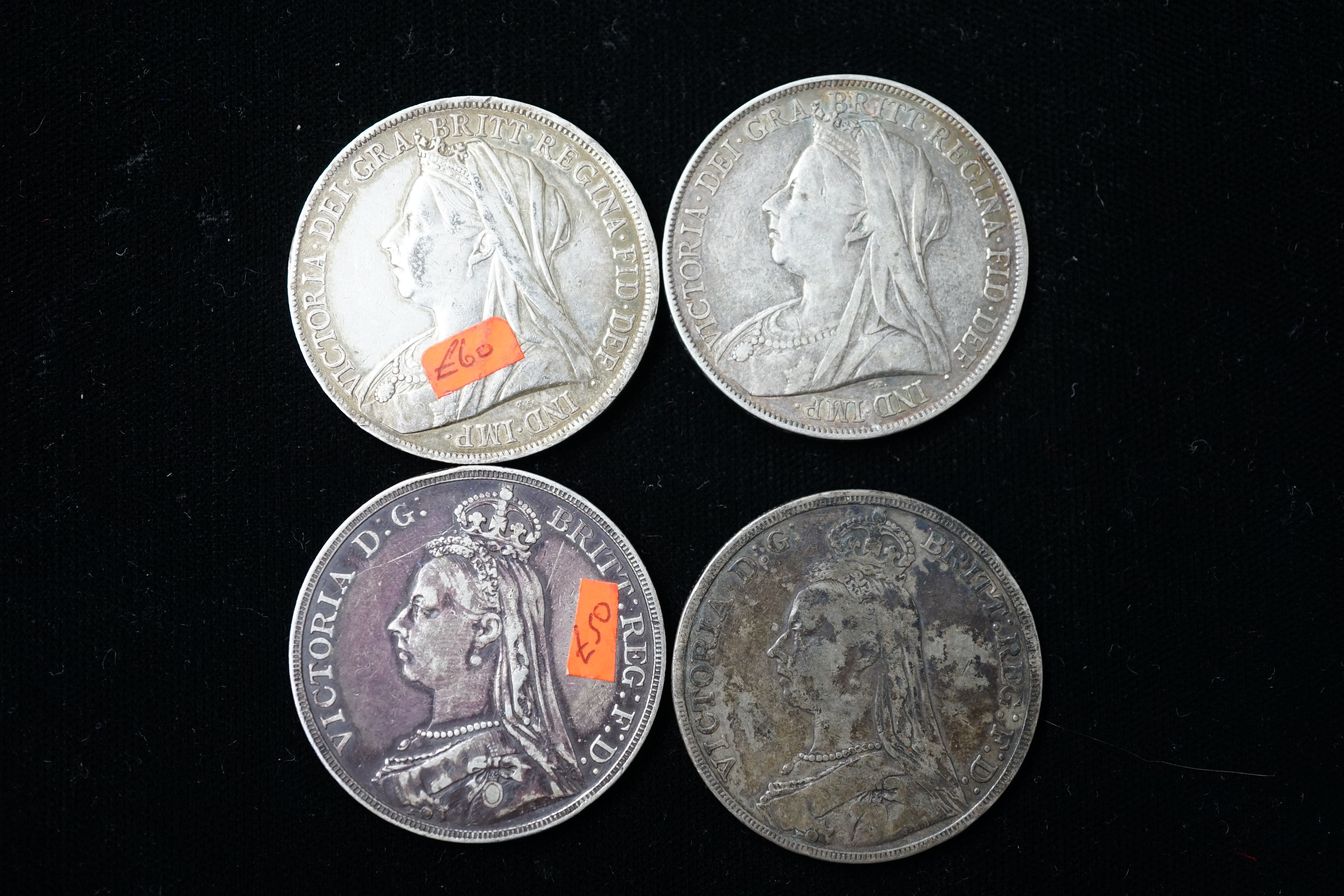 Four Victoria crowns, 1900 (2), 1889 and 1890, F/VF